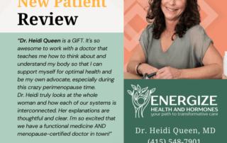 New Patient Review 4 Dr. Queen is uniquely trained in Functional Medicine, using natural foods and supplements to complement or replace conventional allopathic treatments. Certified by The Menopause Society, she is one of the few doctors in Marin County with this distinction, offering specialized care for women navigating menopause and related health challenges.