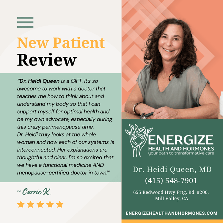 Dr. Queen is uniquely trained in Functional Medicine, using natural foods and supplements to complement or replace conventional allopathic treatments. Certified by The Menopause Society, she is one of the few doctors in Marin County with this distinction, offering specialized care for women navigating menopause and related health challenges.