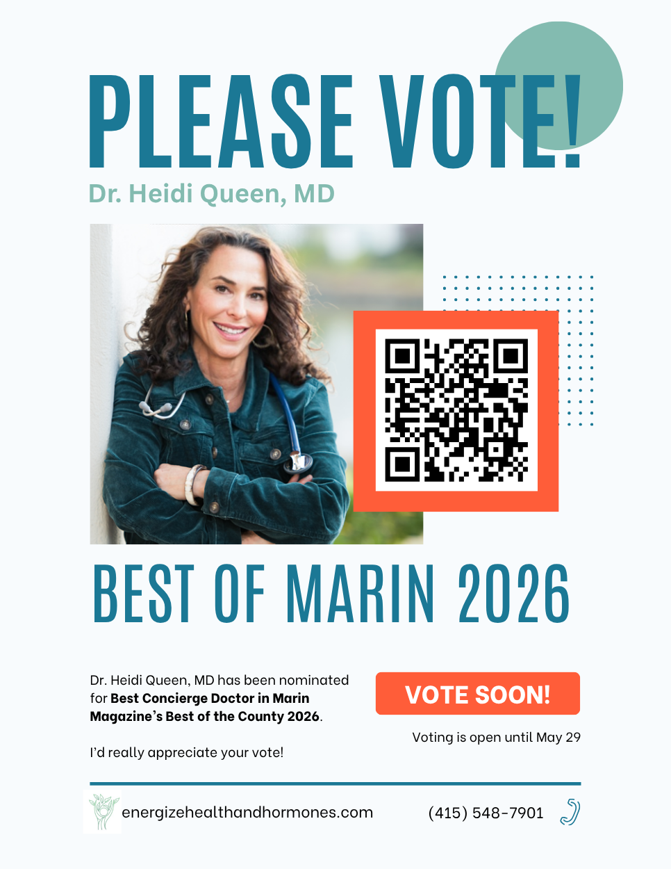 Dr. Heidi Queen is currently a candidate for Best Concierge Doctor in Marin Magazine’s Best of the County 2026, and your vote would mean a great deal.